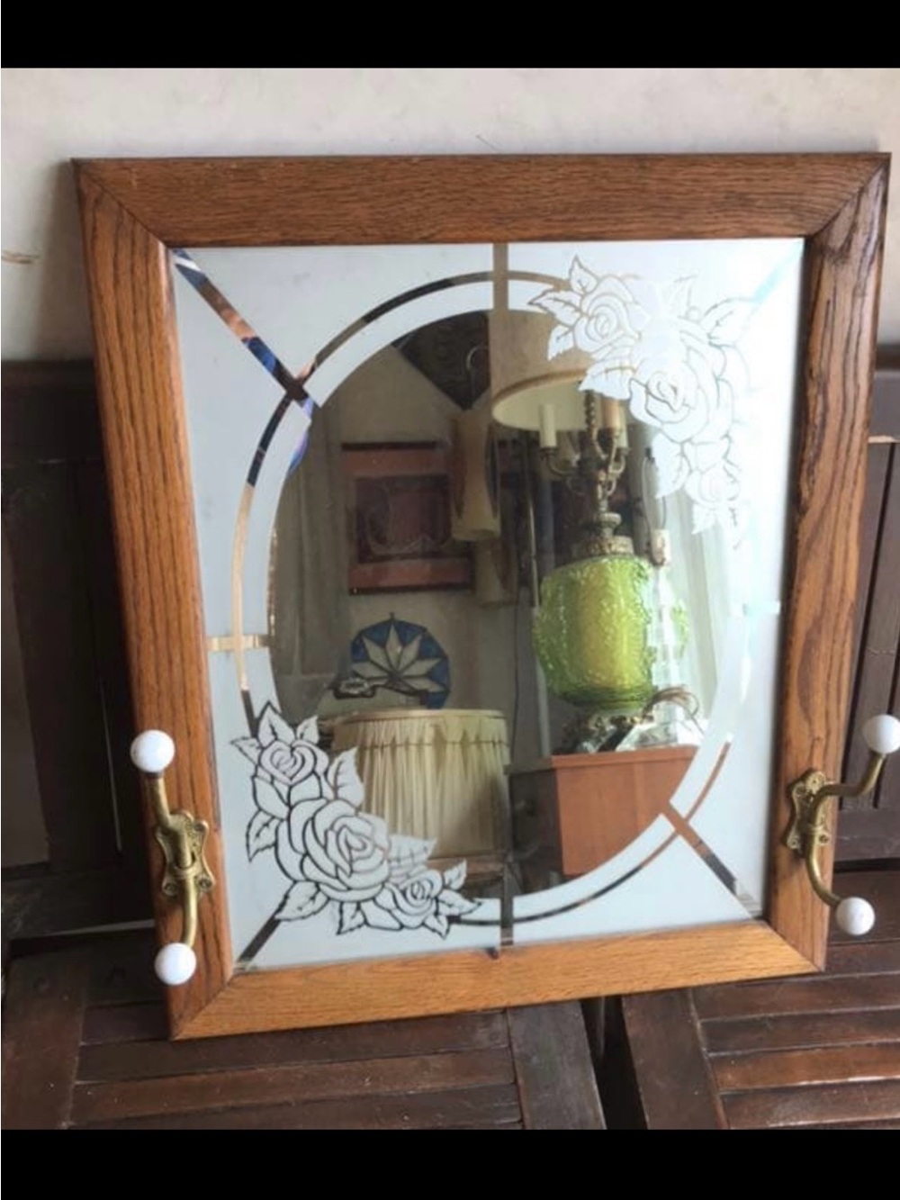 Wood Framed Decorative Mirror with Floral Etching - Oak Finish this is vintage
